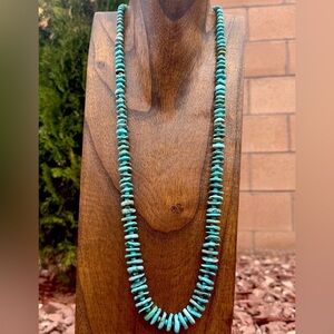 Long Sterling Silver Graduated Blue Turquoise Bead Necklace. 30 inch